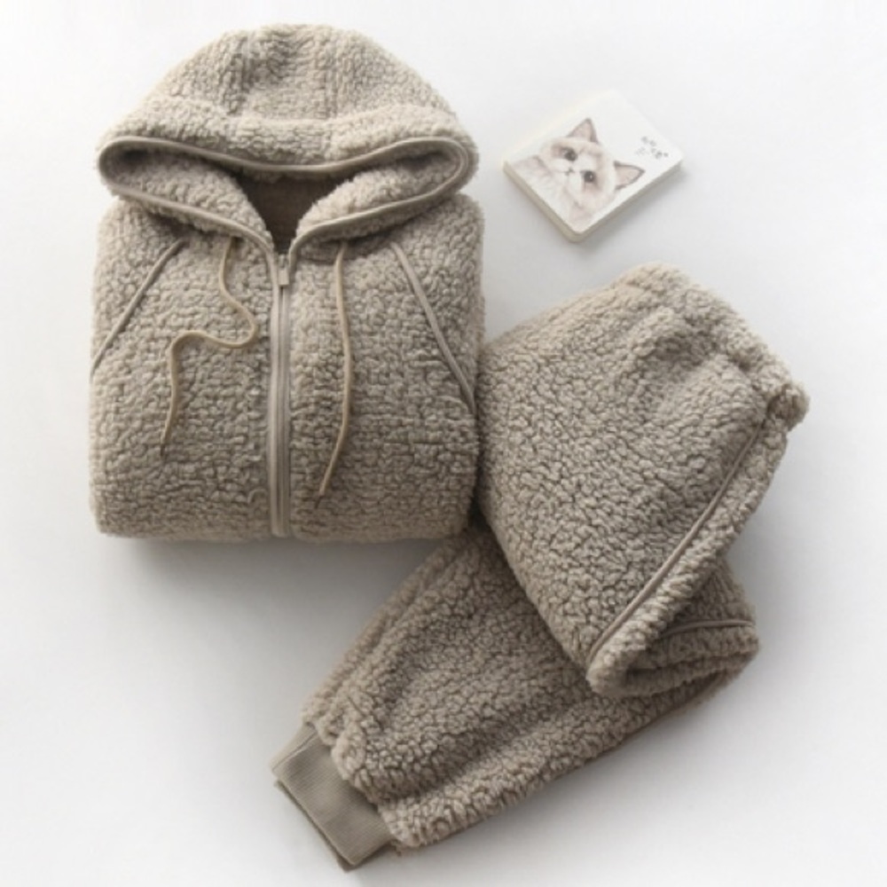 Women's Coral Fleece Lounge Set - Polyester Hooded Top and Long Pants
